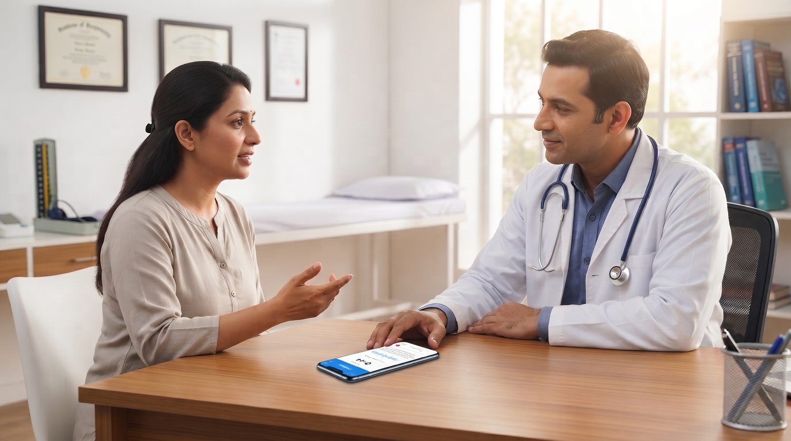 Doctor consulting a patient with a phone placed in the centre of the desk, listening to the conversation