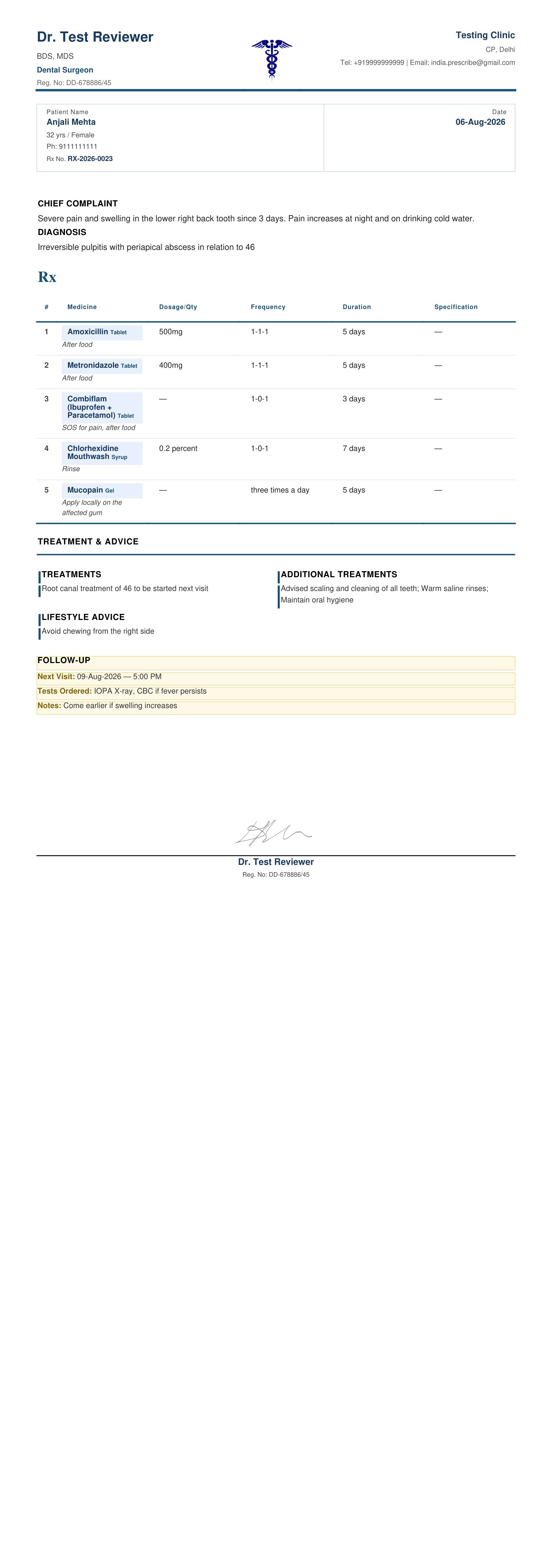 Sample prescription — dental root canal case, in English
